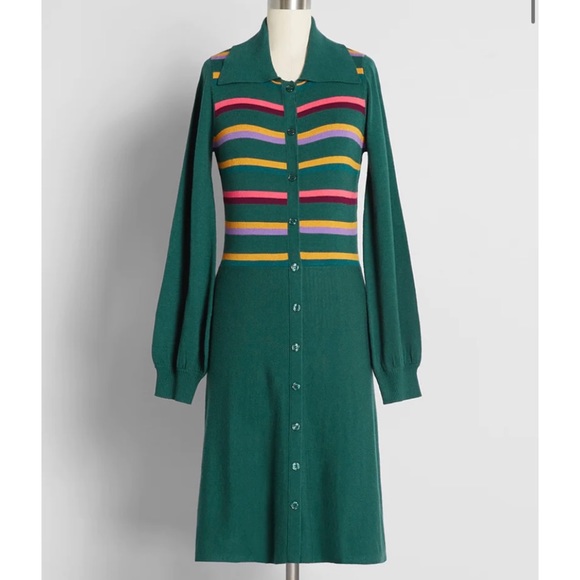 Modcloth Dresses & Skirts - ModCloth 70's Sweetness Sweater Dress Green Striped Large NWT Multicolor